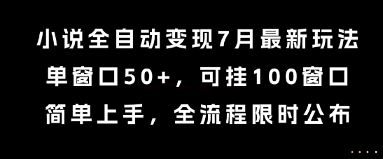 小说全自动变现7月玩法，单窗口50+，可挂100窗口，流程限时公布
